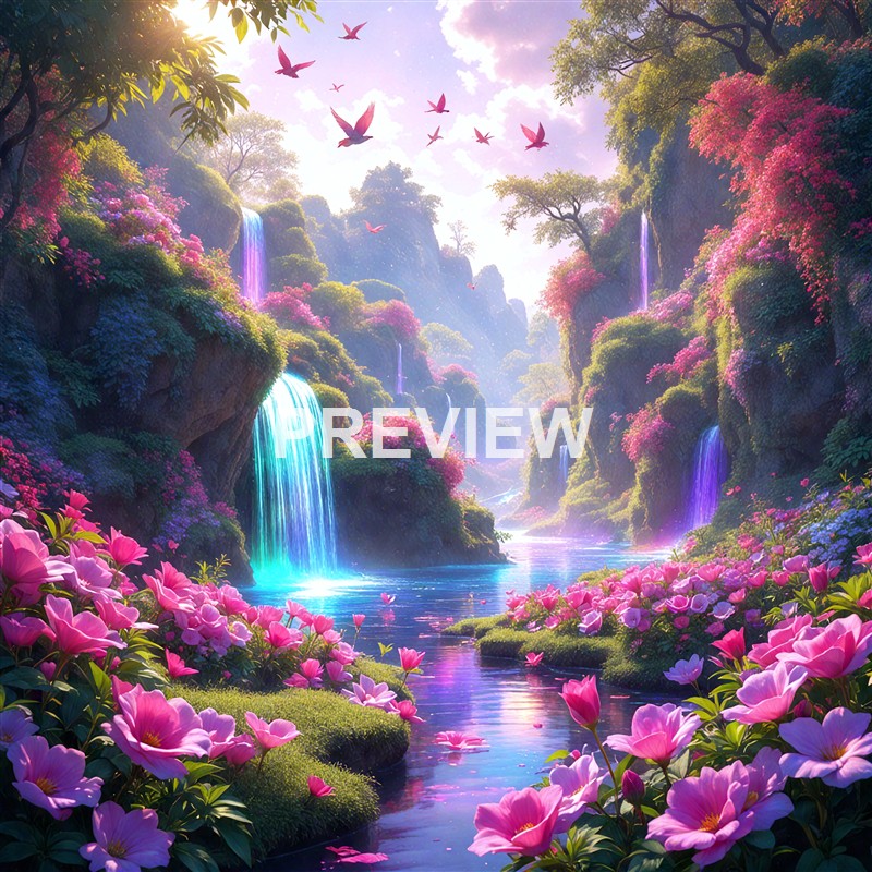 A vibrant, fantasy landscape featuring cascading waterfalls, lush greenery, colorful flowering plants, and pink birds flying in a bright, dreamy sky.